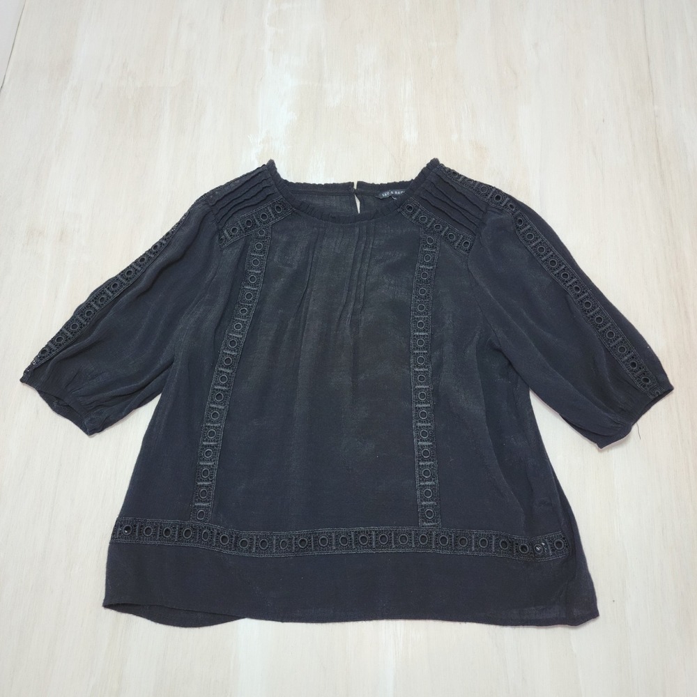 Zac & Rachel Womens Black Crochet Trim Pintuck Blouse Size L